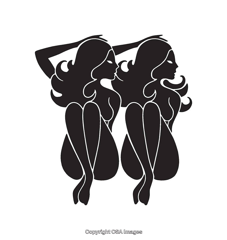 Silhouette Illustration of Twin Women Representing Gemini Zodiac Sign in Black and White