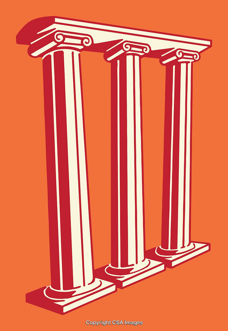 Three Classical Columns in Bold Red and Orange Line Art