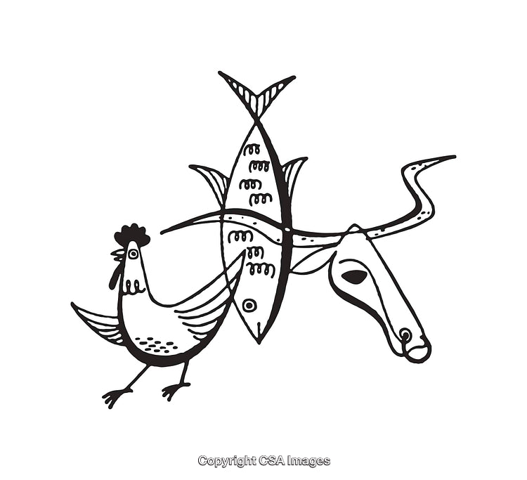 Black and White Line Art Illustration of a Chicken, Fish, and Animal Skull