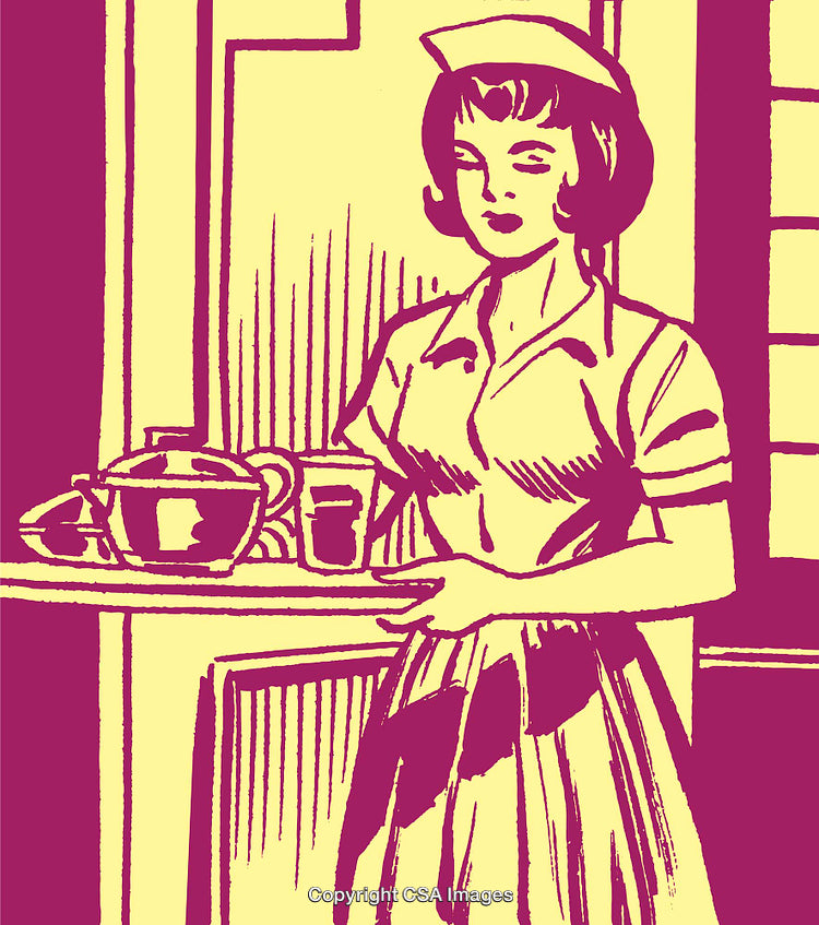 Retro Illustration of a Waitress Carrying Drinks and Food in Vintage Style