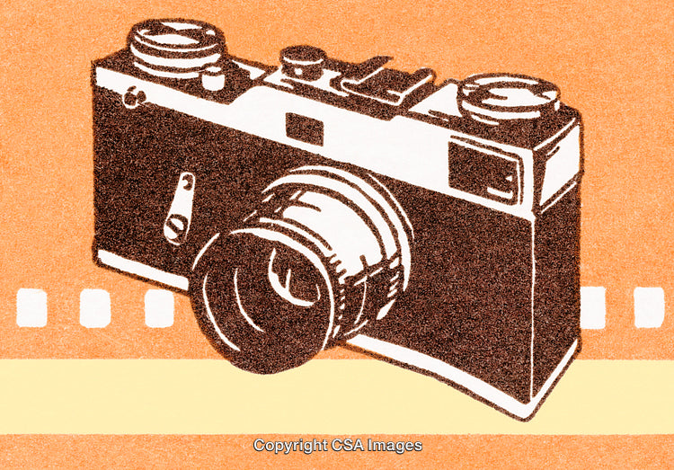 Vintage Camera Illustration Featuring Retro Design Over Filmstrip Background