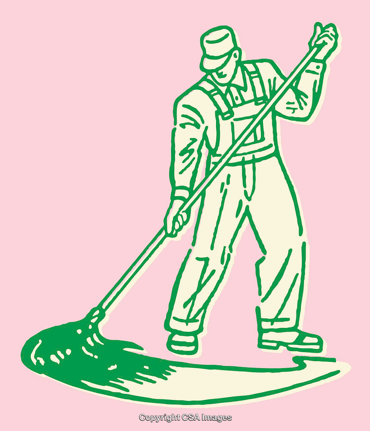 Illustration of a Worker in Overalls Using a Tool on a Pink Background