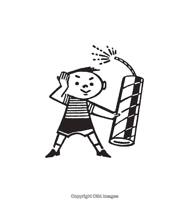 Black And White Line Art Illustration Of A Boy Holding A Firecracker