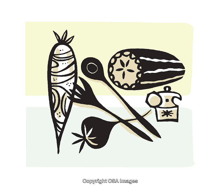 Colorful Illustration Featuring Vegetables, Cooking Utensils, and a Coffee Maker
