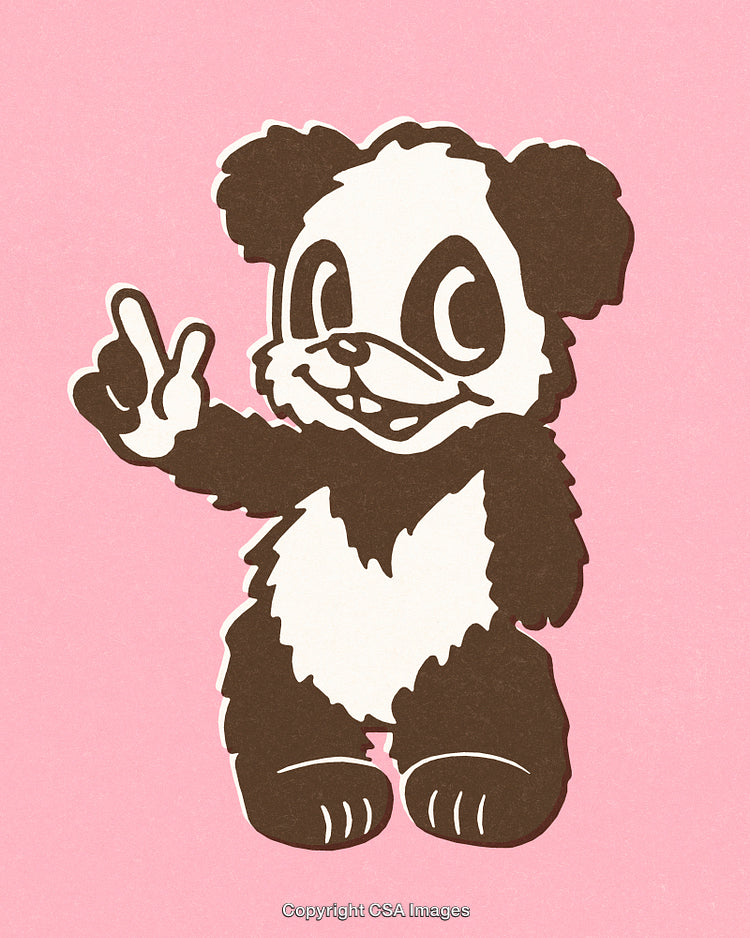 Cute Cartoon Panda Showing a Peace Sign on a Pink Background
