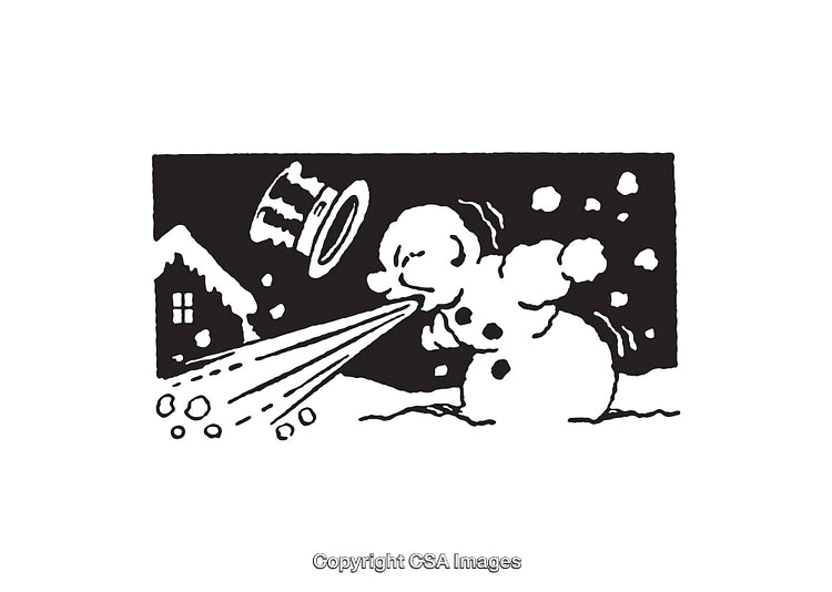 Snowman Blowing Snow in a Wintery Cottage Scene Illustration