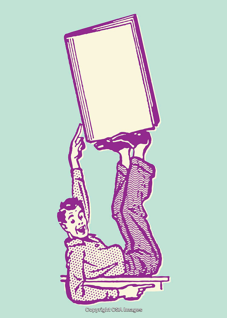 Retro Illustration of Person Balancing Large Book with Expression of Surprise