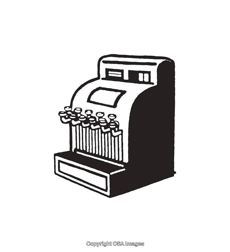 Vintage Black and White Line Art of an Old Cash Register