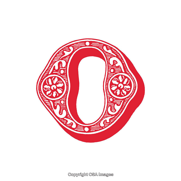 Decorative Red Letter O with Intricate Floral Design on White Background