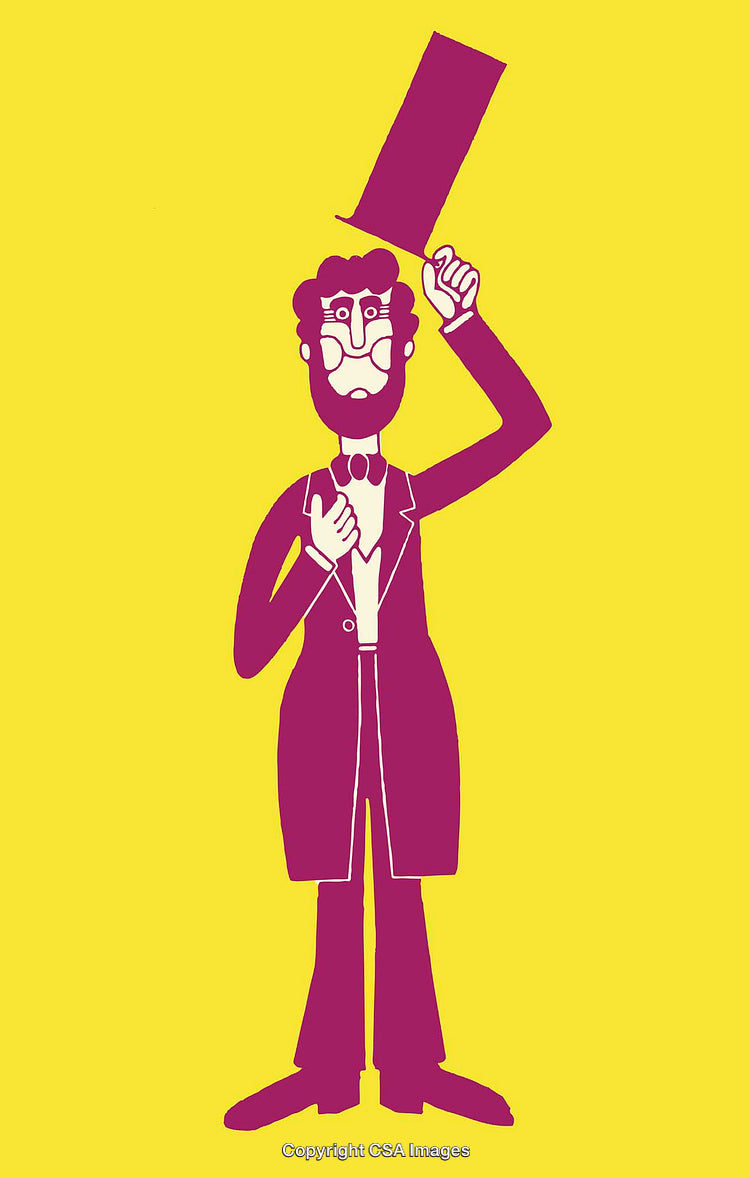 Playful Cartoon Illustration of a Character with Top Hat on Yellow Background