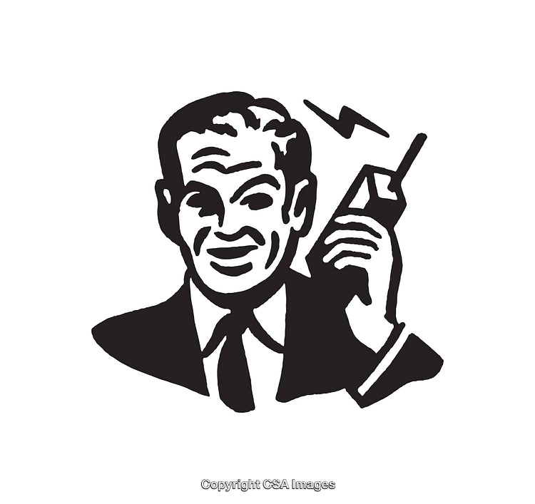 Vintage Black and White Illustration of Man Using a Retro Communication Device