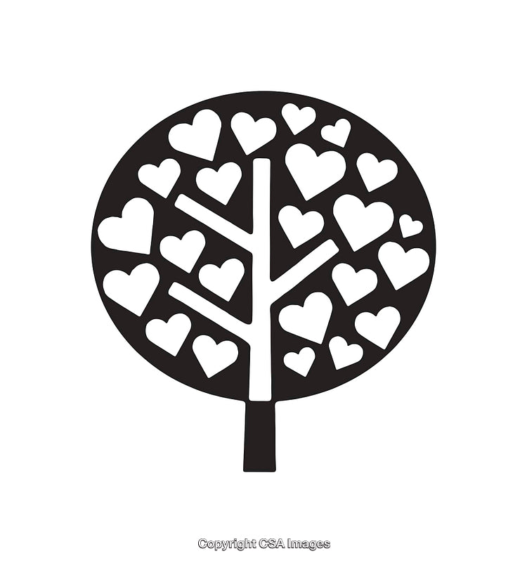 Black and White Tree of Hearts Line Art on White Background