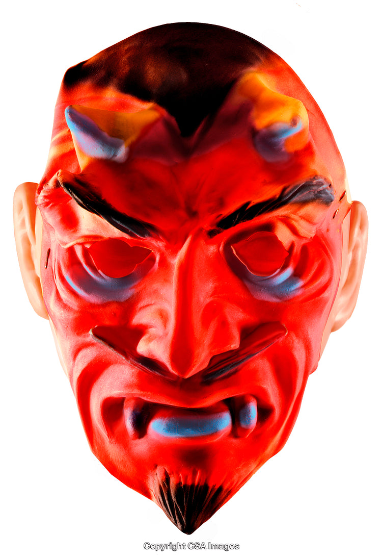 Vivid Red Plastic Mask Depicting a Demon with Intense Facial Features