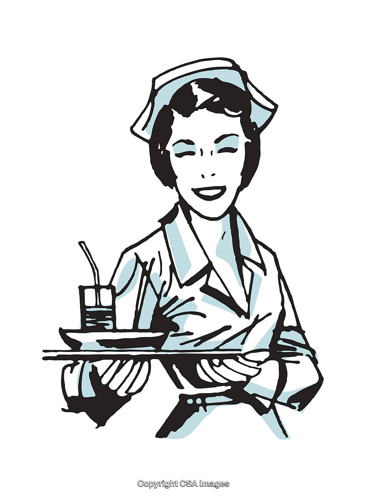 Retro Waitress Illustration With Tray Featuring Food and Beverage Items