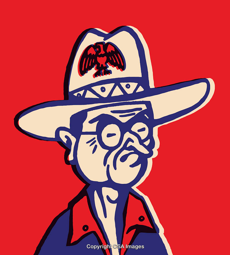 Cartoon Line Art Illustration of Character With Cowboy Hat and Red Background