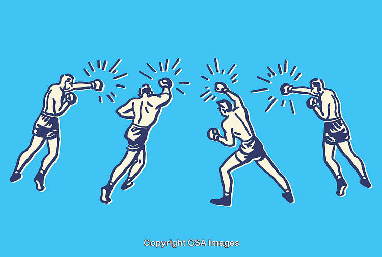 Vintage Boxing Illustrations of Fighters in Action on a Blue Background