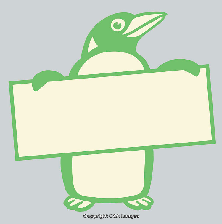 Cartoon Green Penguin Holding a Blank Sign on a Plain Background
