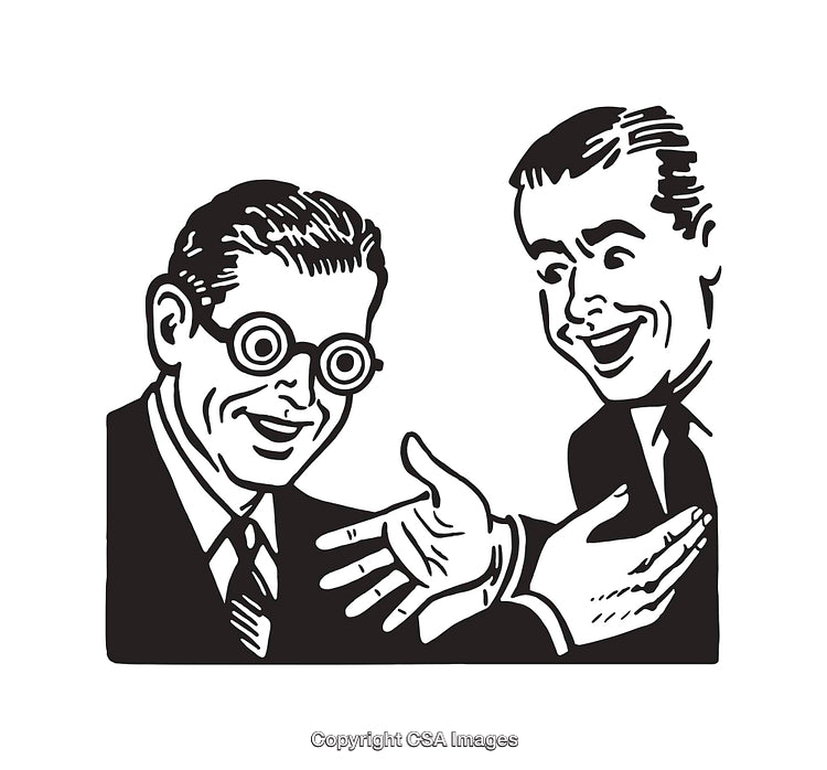 Retro Style Black and White Illustrations Featuring Two Friendly Men Interacting