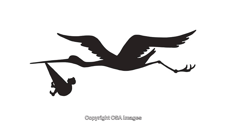 Flying Stork Silhouette Carrying a Baby Bundle in Classic Line Art Style