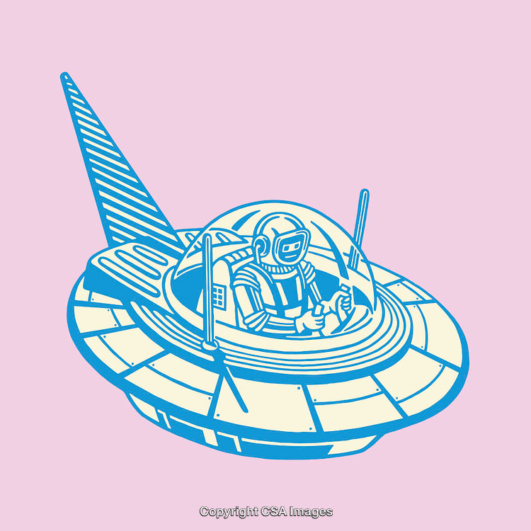 Colorful Line Art Illustration of a Spaceman Steering a Futuristic Spacecraft