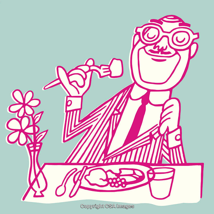 Colorful Line Art Illustration of a Cheerful Man Dining at a Table
