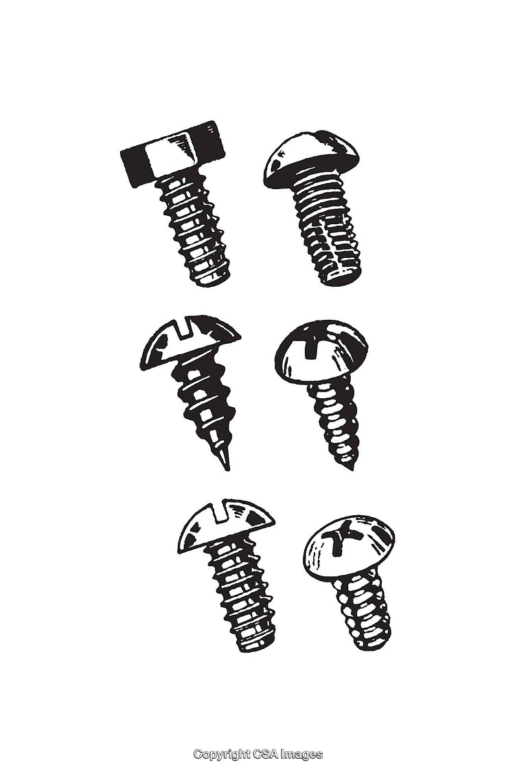 Black and White Line Drawing of Various Screw Types for Design Uses