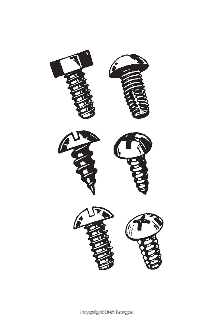 Black and White Line Drawing of Various Screw Types for Design Uses