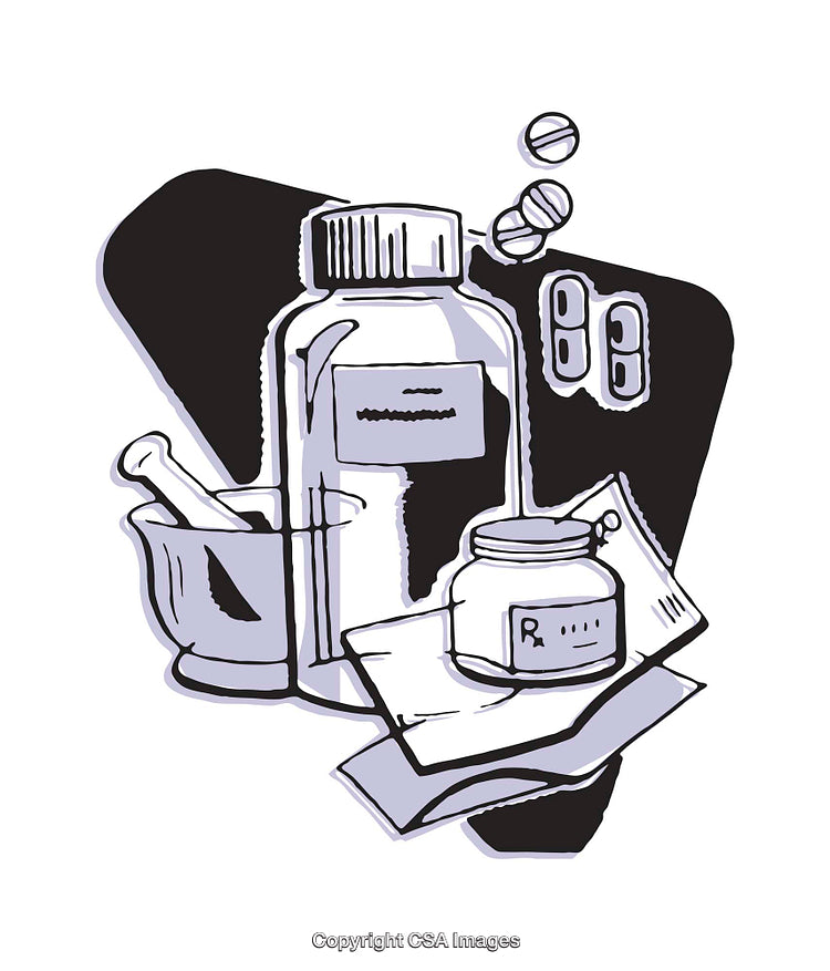 Illustrated Pharmacy Items Including Bottles, Pills, and Mortar and Pestle