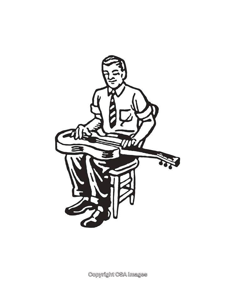 Black and White Illustration of a Man Playing a Lap Steel Guitar
