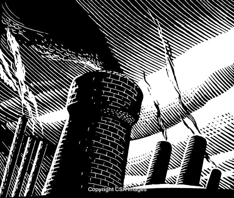 Industrial Chimney with Smoke in Vintage Black and White Engraving Style