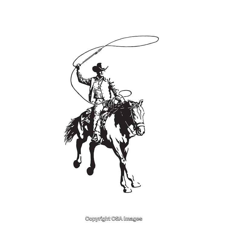 Western Cowboy On Horseback With Lasso, Black And White Line Art