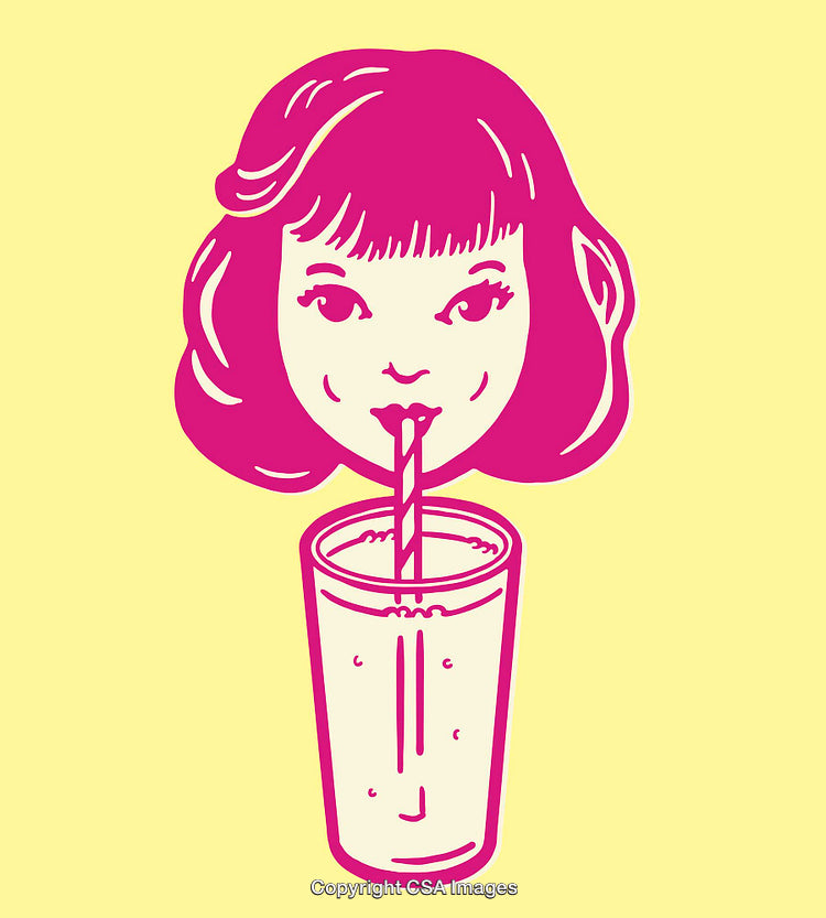 Retro Illustration of Girl Drinking Through a Straw in Bold Colors