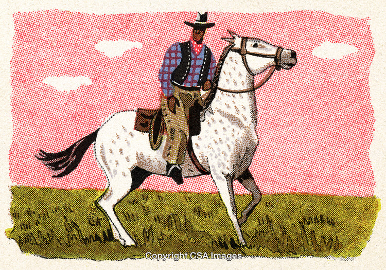 Western Cowboy Riding a White Horse in a Rustic Landscape