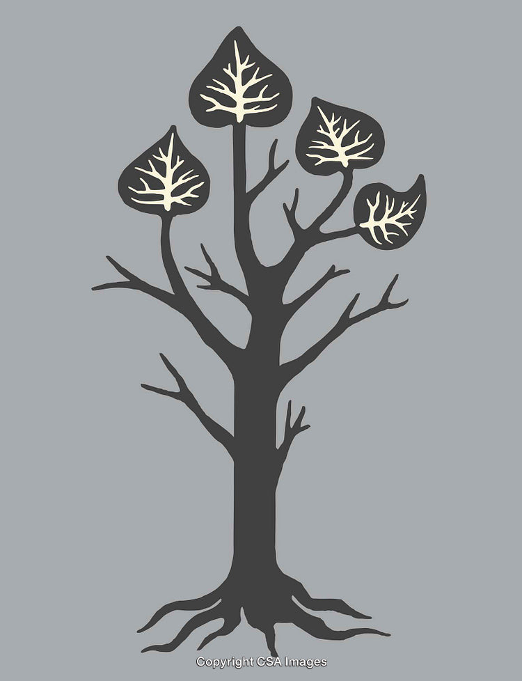 Stylized Black and White Tree Illustration with Leaf Details on Gray Background