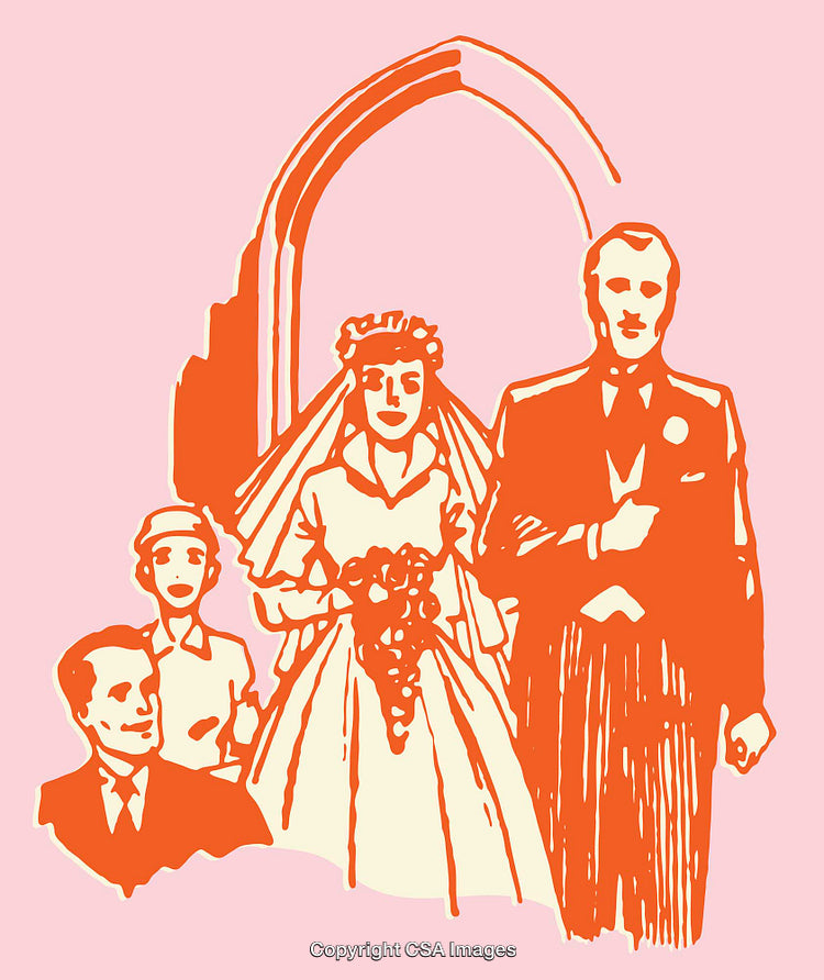 Retro Wedding Line Art Illustration Featuring Bride Groom and Guests