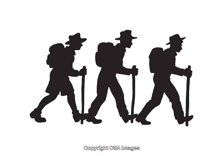 Silhouette Illustration of Three Hikers with Backpacks and Walking Sticks