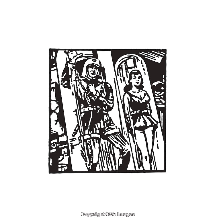 Vintage Black and White Line Art of Couple in Retro Sci-Fi Scene