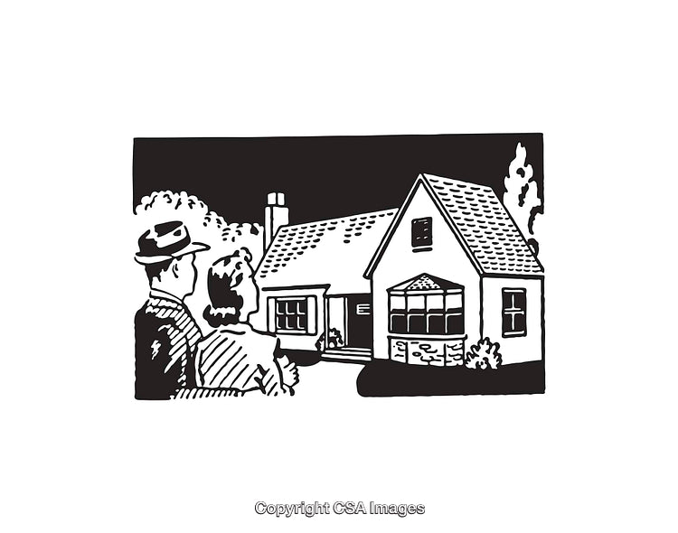 Vintage Black And White Illustration of a Couple Viewing a Small House