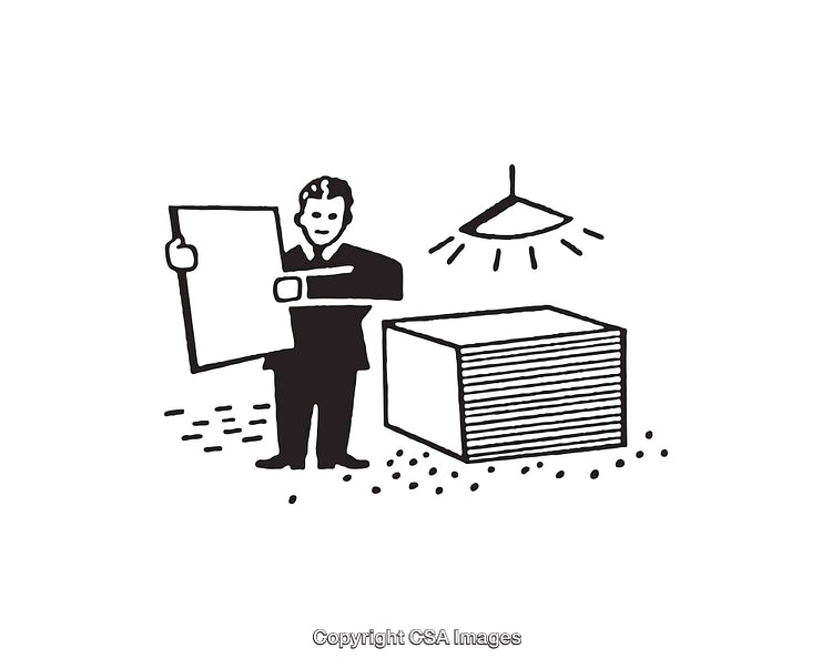 Black and White Illustration of a Man Examining Paper Sheets in a Workspace