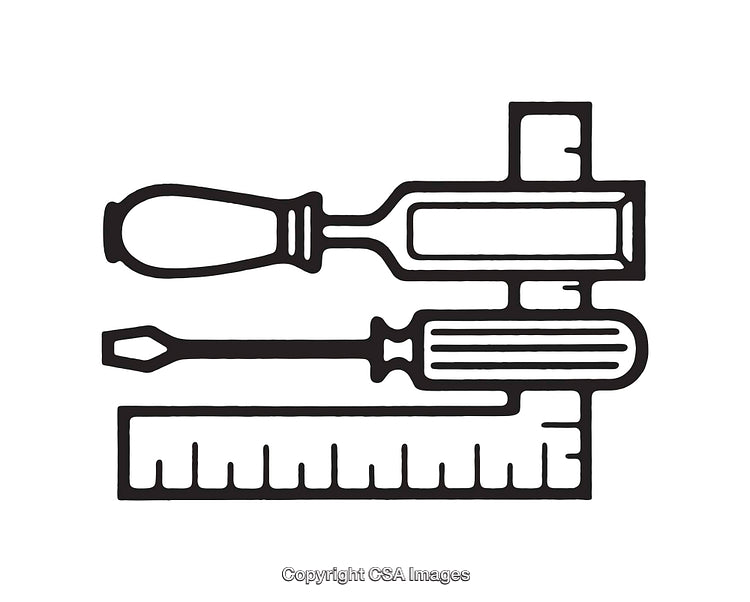 Black and White Line Art of Tools and Measurement Instruments