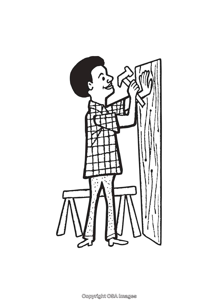 Illustration of a Carpenter Working with Wood in Black and White