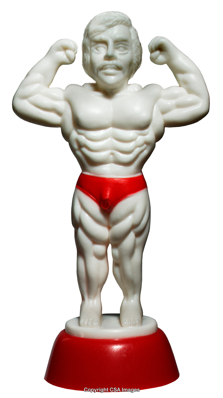White Plastic Bodybuilding Figurine with Red Shorts Posing on a Red Base