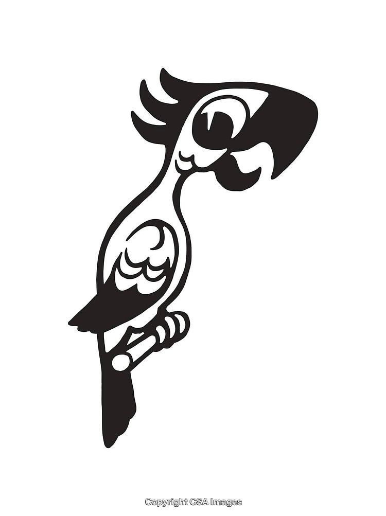 Black and White Line Art Illustration of a Parrot on a Perch