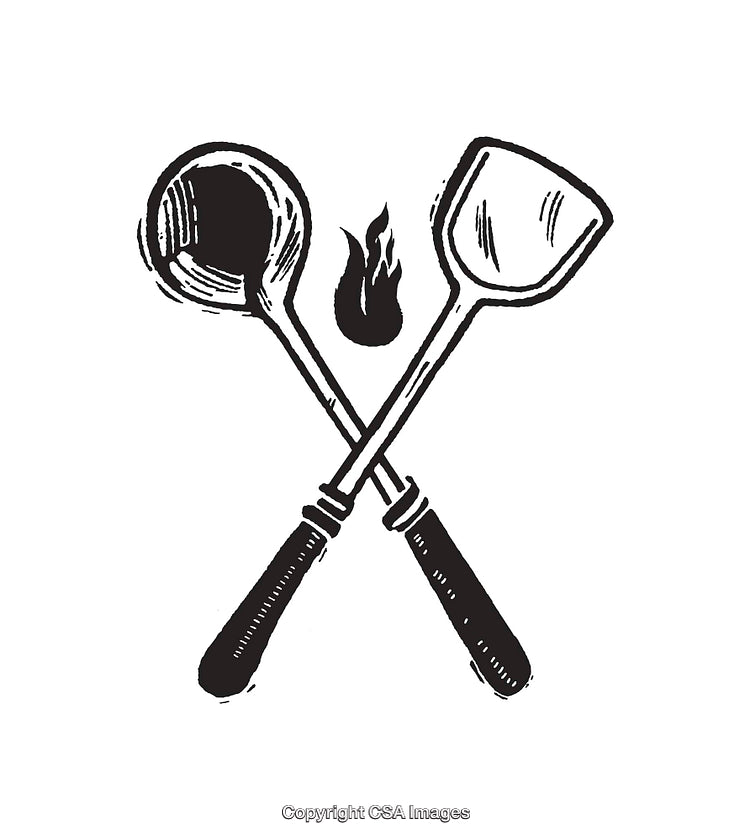 Black and White Illustration of Crossed Kitchen Utensils and a Flame