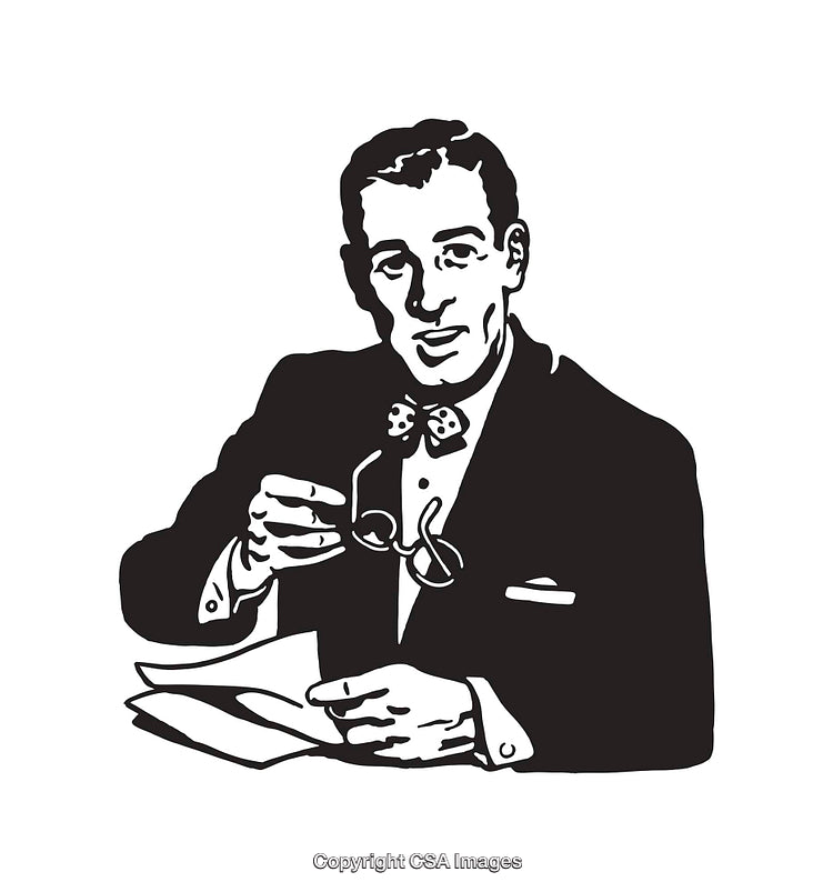 Vintage Black-and-White Illustration of a Man Holding Spectacles in a Suit