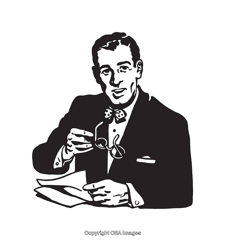 Vintage Black-and-White Illustration of a Man Holding Spectacles in a Suit