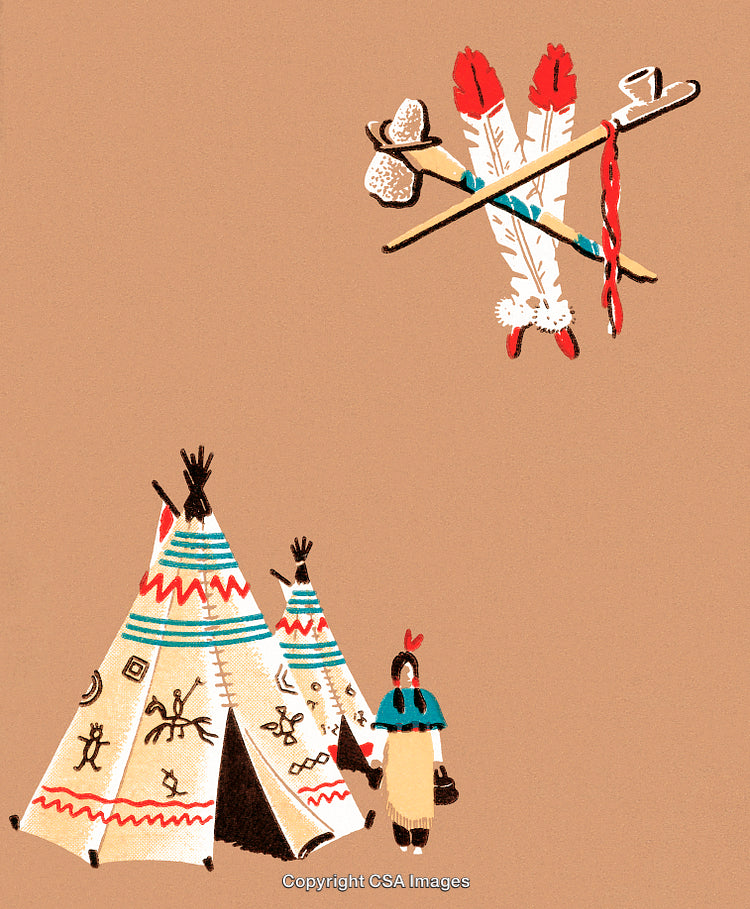 Artistic Depiction of Traditional Tipis and Native American Symbols