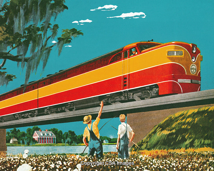 Vintage Train Crossing a Bridge Over Countryside Landscape with Bystanders