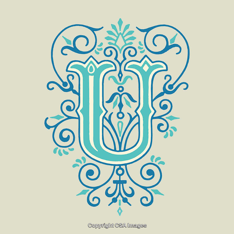 Elegant Ornate Design Featuring the Letter U in Decorative Blue Patterns