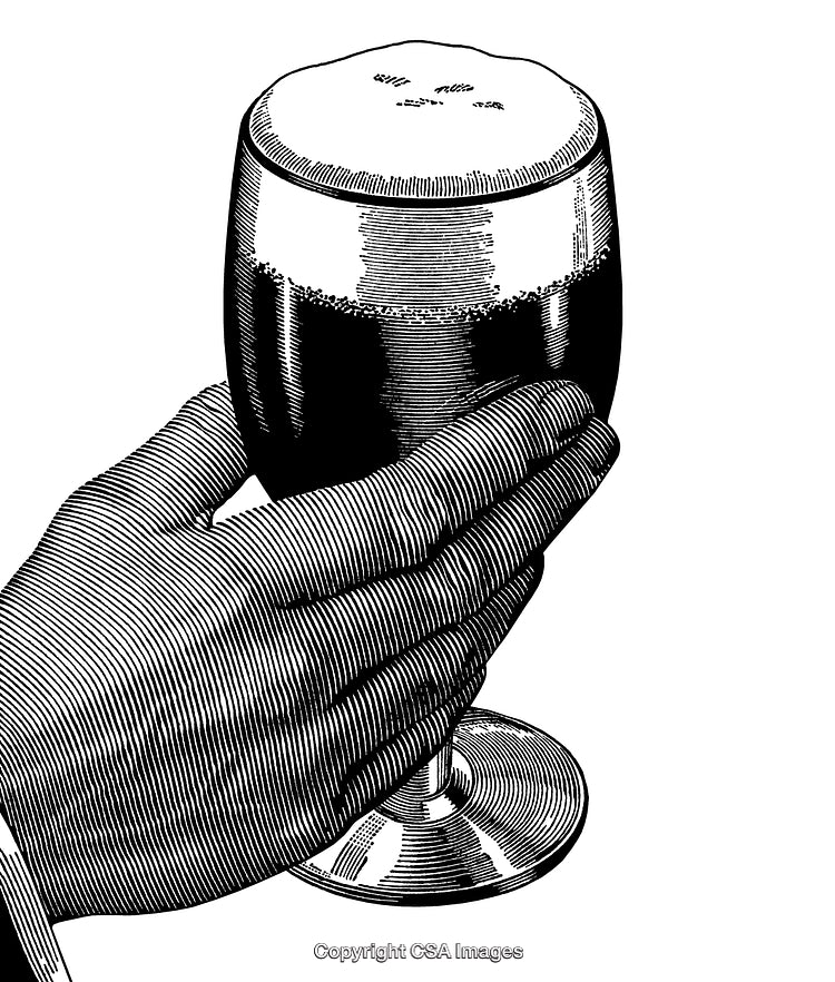 Hand Holding a Glass of Beer in Vintage Engraved Style Illustration